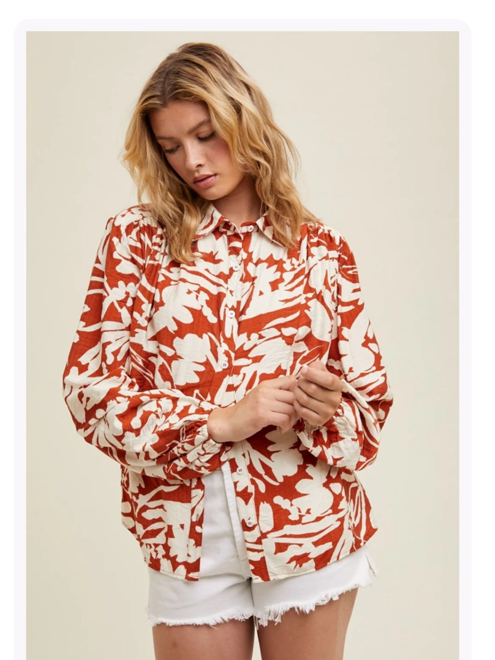Ann Taylor LOFT White Rust Floral Button Blouse Shirt Top Tunic Farm House T82